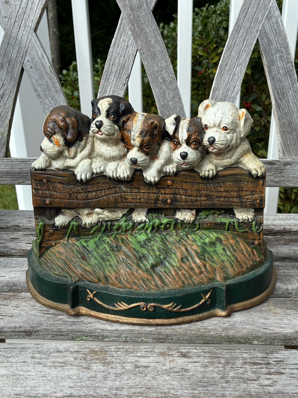 Puppy Figurine Doorstop in White, Brown and Green